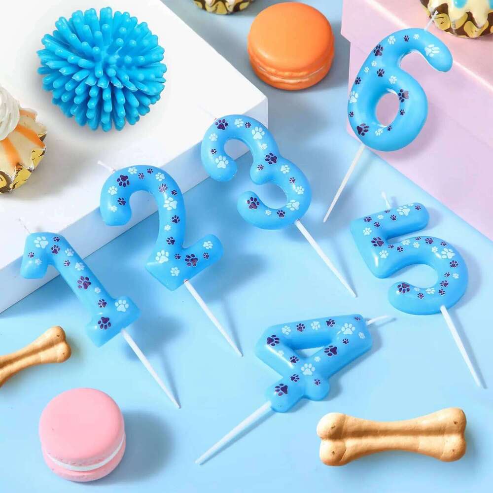 0-9 Blue White Candle Cake Top Digital Birthday Candle, Used for Boy and Girl Dog Claw Decoration Candles S260204