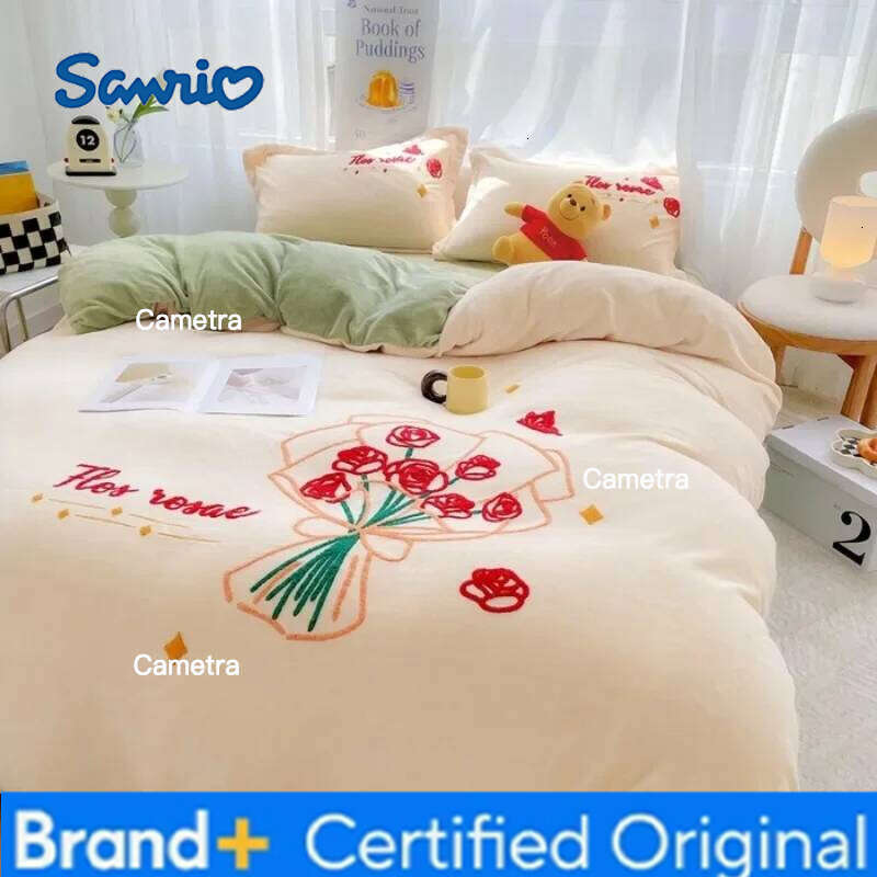 Sanrio 2024 new towel sticker embroidered milk fleece four-piece set thickened 220g winter warm bed sheet kit H260205