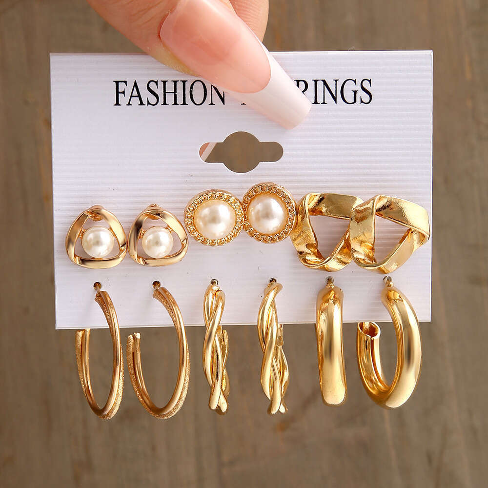european and american style metal ear rings square geometric earrings retro pearl earrings hepburn style earring set 6piece set