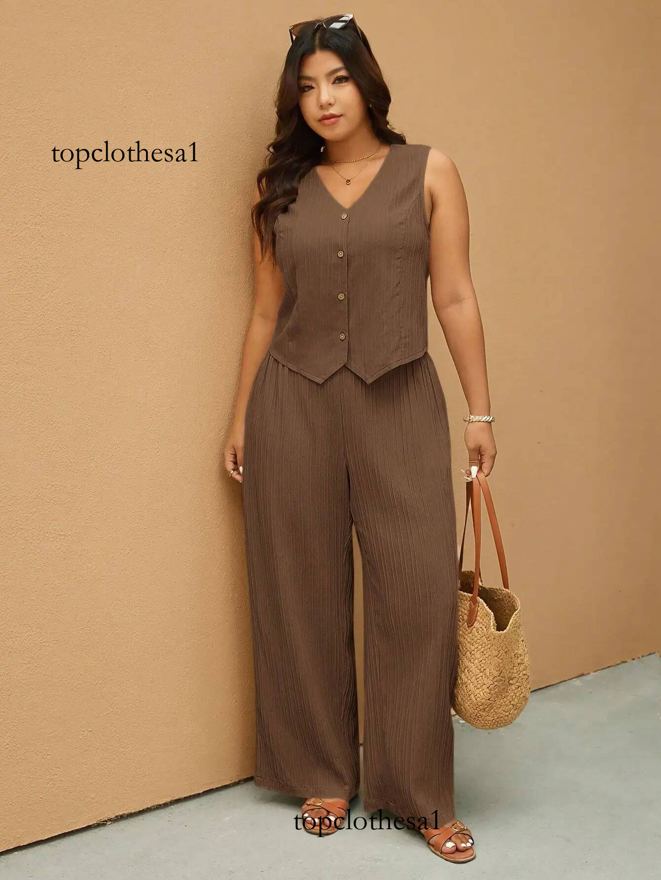 Plus Size Sleeveless Button-Up Vest & Wide Leg Pants 2-Piece Set for Women, Casual Summer Outfit
