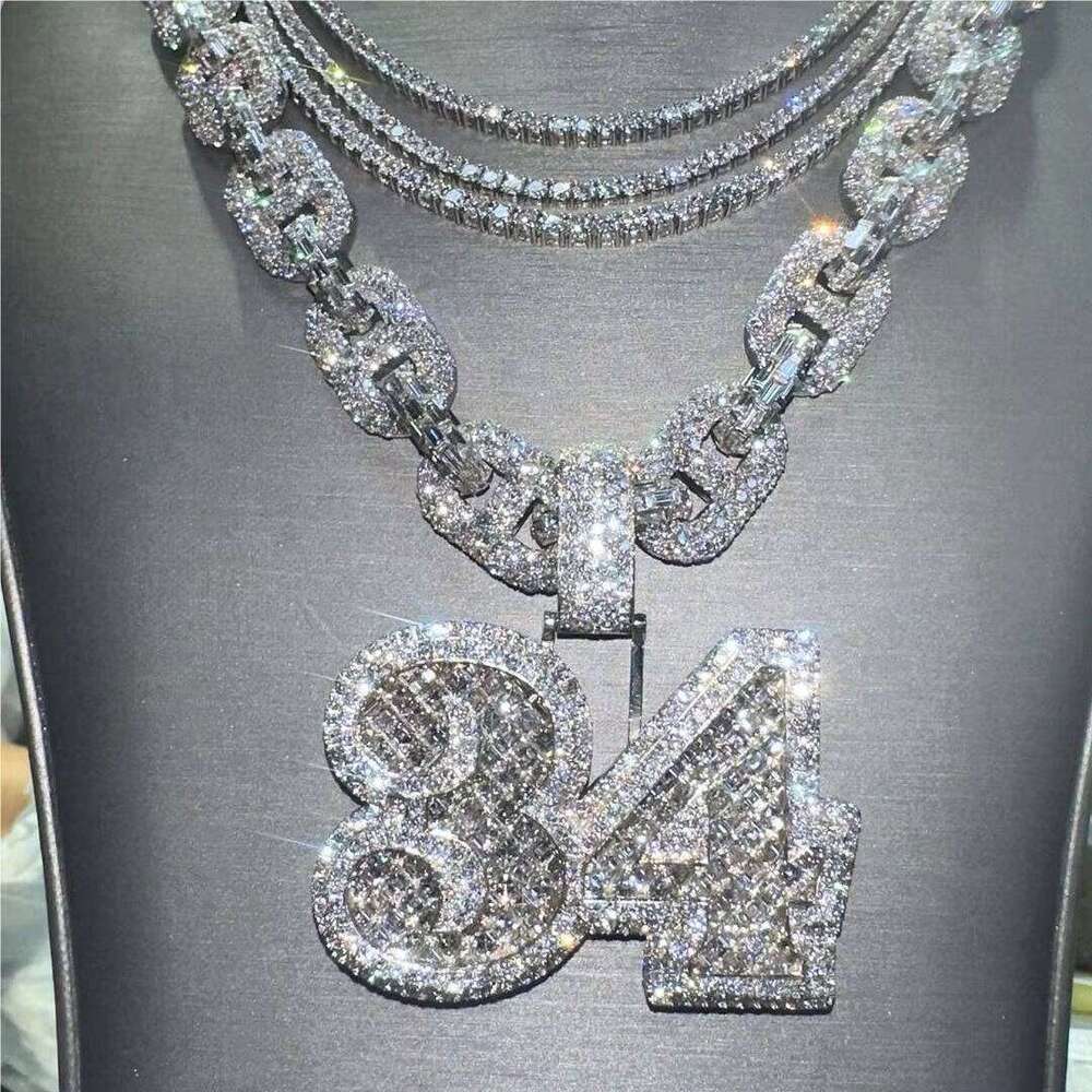 Personalized Custom Jewelry Pass Diamond Tester VVS Baguette Moissanite Iced Out 34 Number Pendant With Cuban Link Chain
