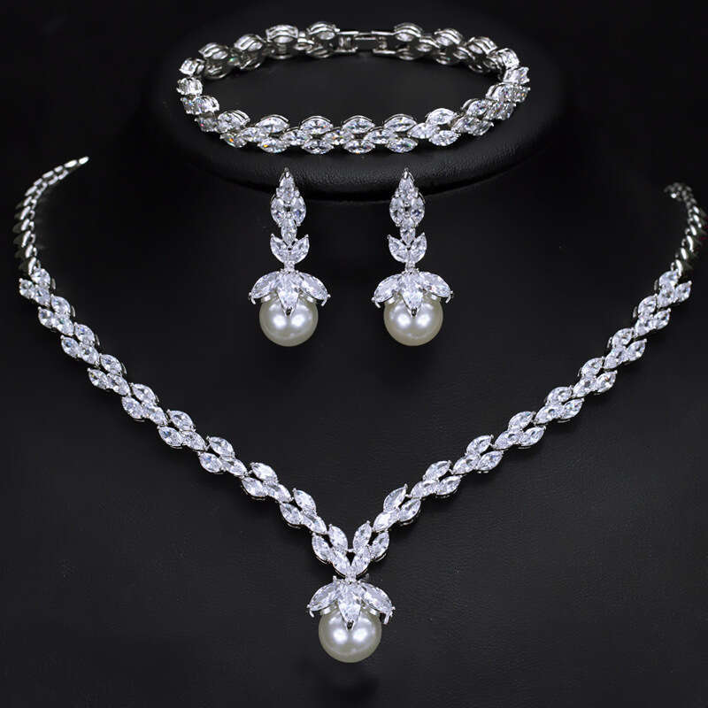 Minimalist Bride Zircon Imitation Pearl Necklace Earring Set Bracelet Ring Wedding Evening Party Dress Accessories