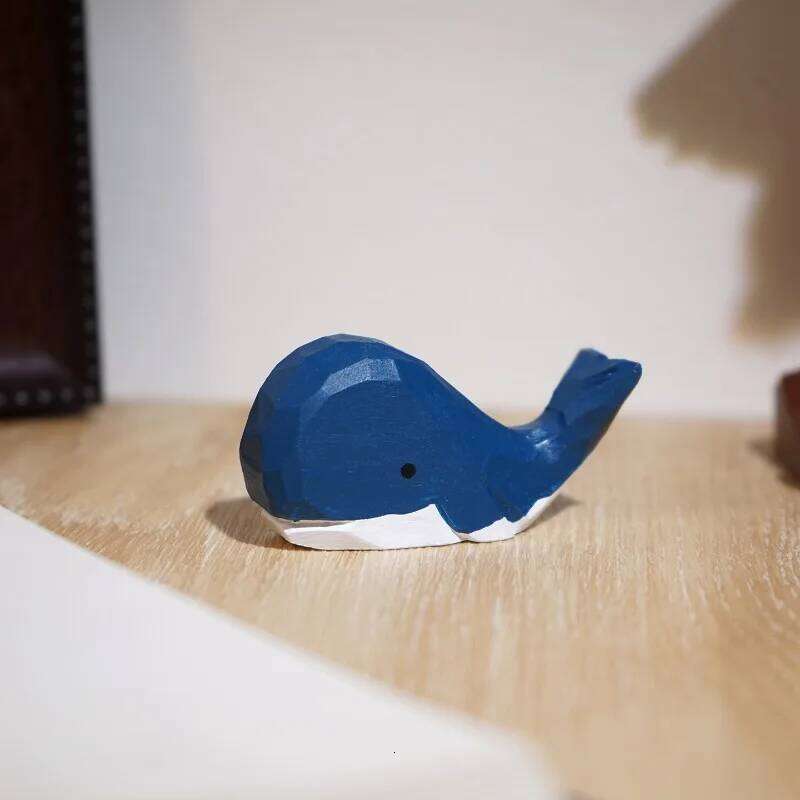 1PC Miniature Curved Tail Blue Whale Handmade Wood Sculpture Marine Organism Figurines Office Bookshelf Craft Bedroom Decoration S260204