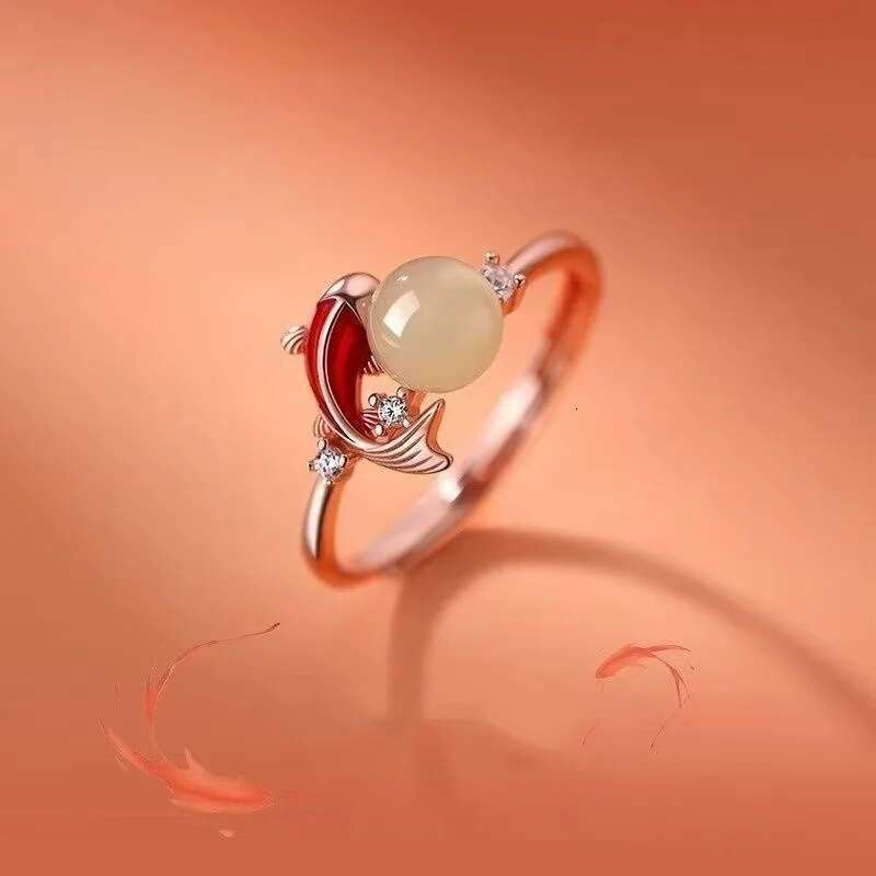 Designer Gold Plated Open Ring Chinese Traditional Style Imitation Jade Carp Goldfish Adjustable Band For Festival Wedding Daily Wear Gift