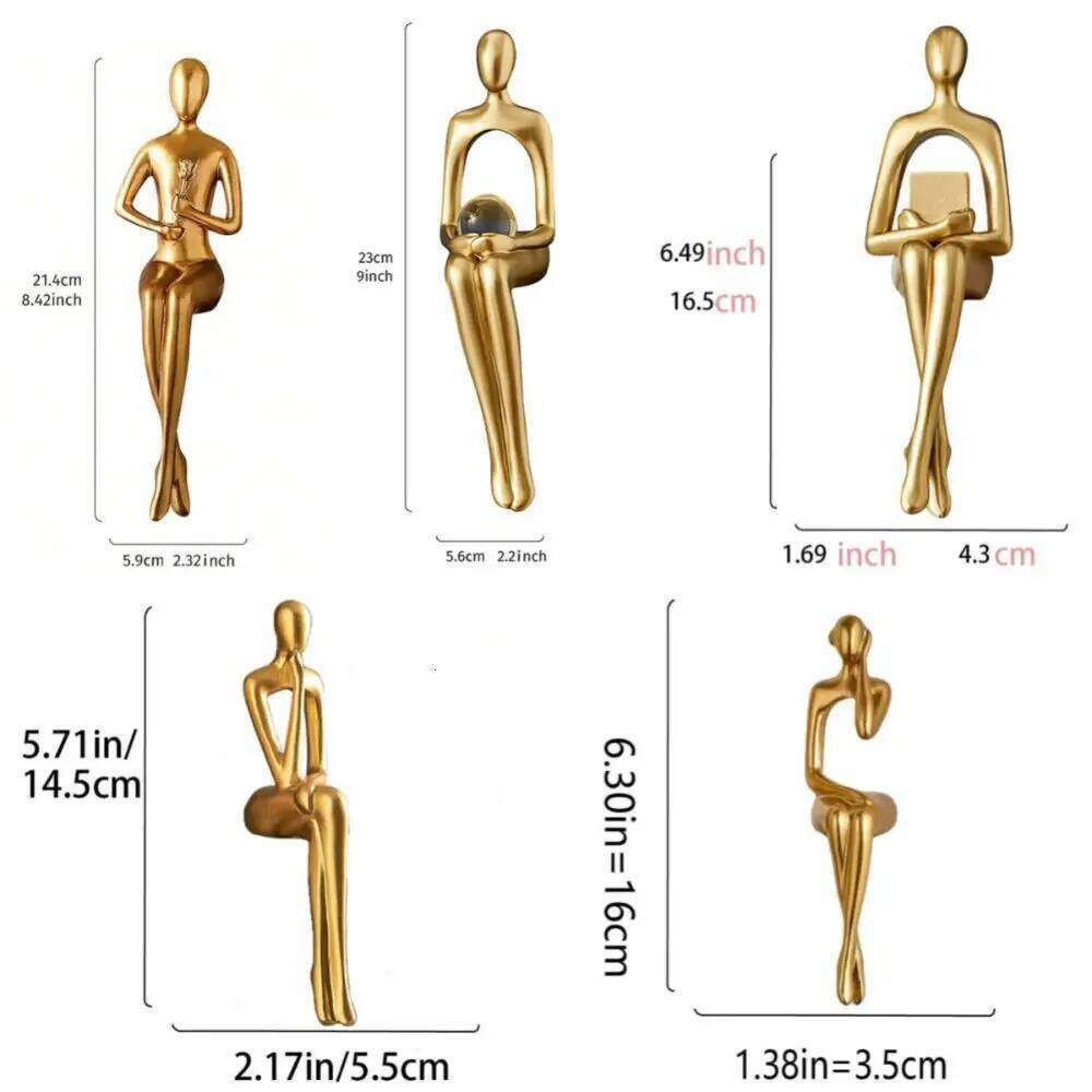 Resin Human Body Art Abstract Design Golden Finish Figure Statue Thinking Reading Man Desktop Ornament Home Decor S260204