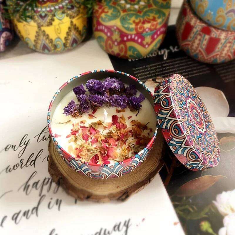 Scented Candles Iron Jar Soy Wax Dried Flower Candle 120g Sleep Soothing Bedroom Bathroom Home Decoration 8 Flavor H260205