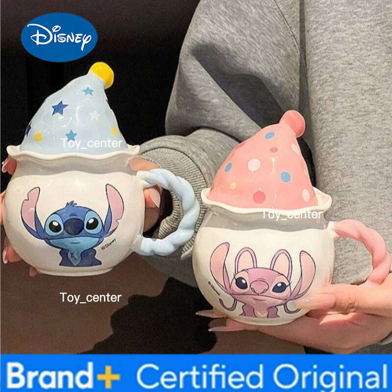 Disney Creative Magic Hat Lid Mug Cute Cartoon Stitch Angel Couple Water Home Drinking Ceramic Coffee Cup Christmas Gifts H260205