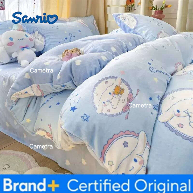 Sanrio Cartoon Milk Fleece 3kg Cinnamoroll Melody Four-piece Kuromi Flannel Three-piece Quilt Cover Sheet Pillowcase H260205
