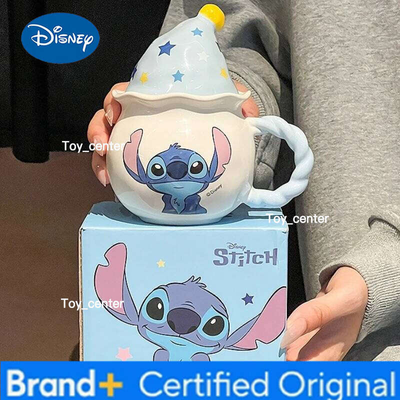 Disney Creative Magic Hat Lid Mug Cute Cartoon Stitch Angel Couple Water Home Drinking Ceramic Coffee Cup Christmas Gifts H260205