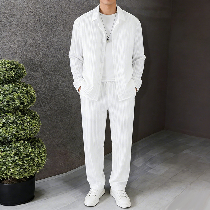 Men's 2 Piece Casual Set White Pinstripe Long Sleeve Shirt and Loose Pants Set