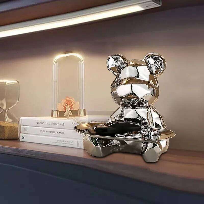 Geometric bear with tray storage, ceramic plating piggy bank, key, cosmetic storage box, bookshelf statue decoration. S260204