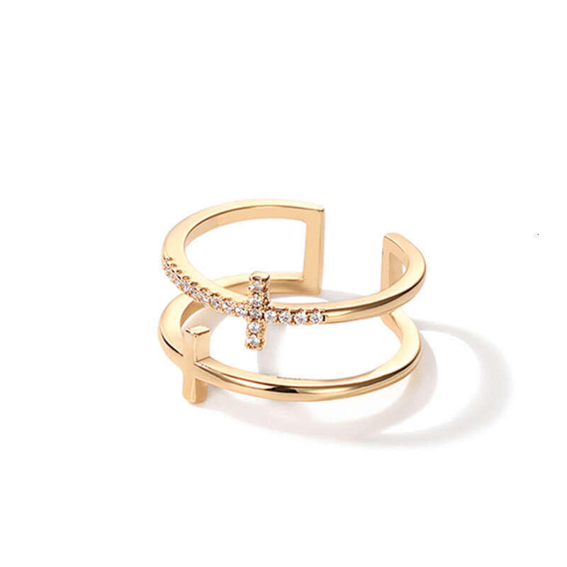 Silver-Plated Double-Layer Cross Open Rose Gold Inlaid with Diamonds Index Finger Ring Trendy Jewelry for Women