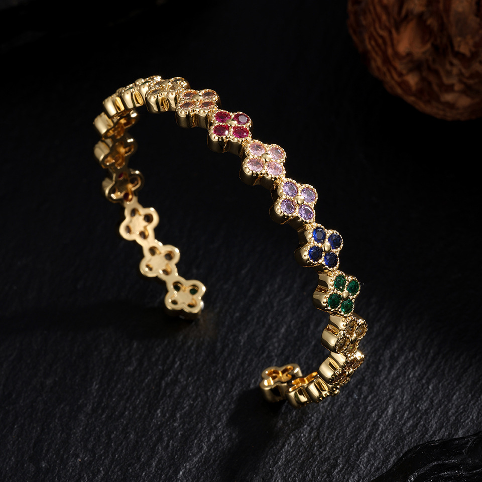 Fashion Light Luxury Copper Inlaid Colorful Diamond Four-Leaf Clover Adjustable Open Bracelet for Women Niche High-End Flower - view 8