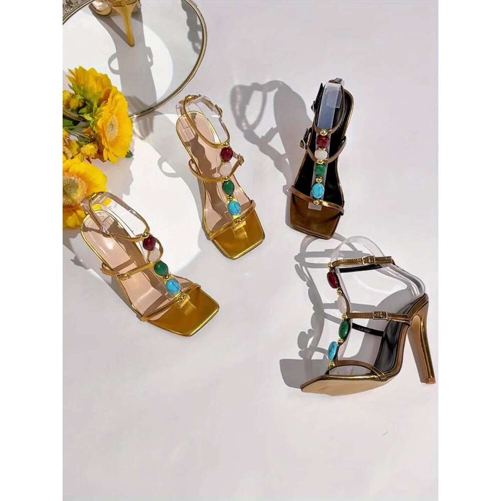 New Women S Golden Beaded Stiletto Sandals With A Single Strap Open Toe Perfect For Fashion Events And Parties
