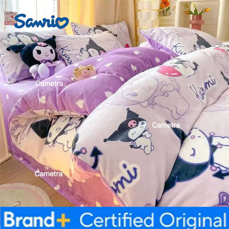 Sanrio Cartoon Milk Fleece 3kg Cinnamoroll Melody Four-piece Kuromi Flannel Three-piece Quilt Cover Sheet Pillowcase H260205