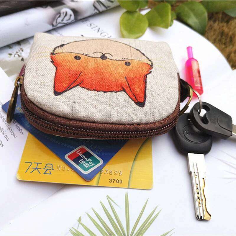 Cute Animal Canvas Coin Purse Short Shell Wallet Women Key Card Bag Kids Cartoon Lionmouse Fox Bear Dinosaur Small Change Purses Z260205