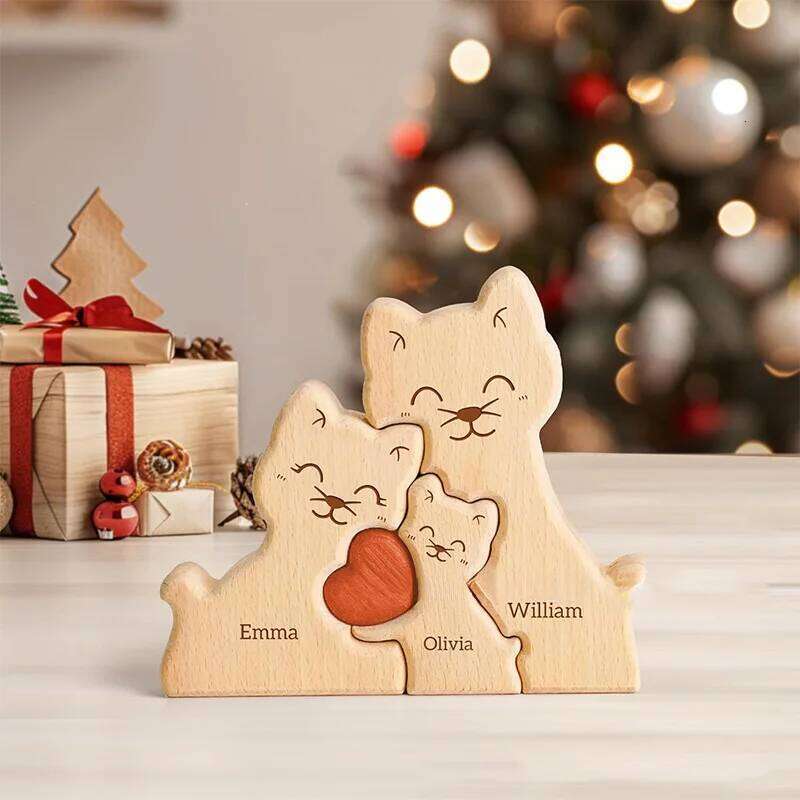 Wooden Cat Art Puzzle Warm Family Handmade Laser Engraving Gifts for Mom Anniversary Thanksgiving Christmas Crafts Ornaments S260204