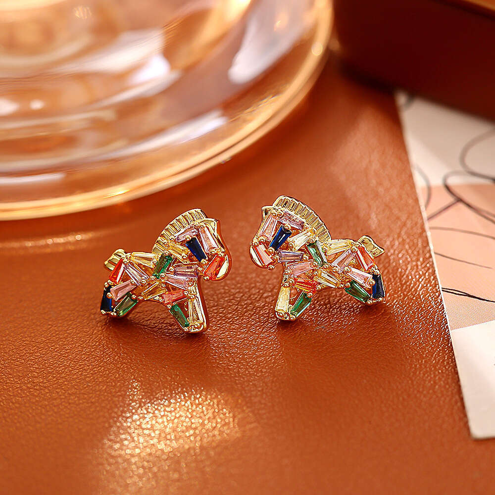 Hot-Selling Zodiac Little Horse Colorful Crystal 24K Plated High-End Fashion Exquisite Cute Internet Celebrity Style Earrings for Women - view 3