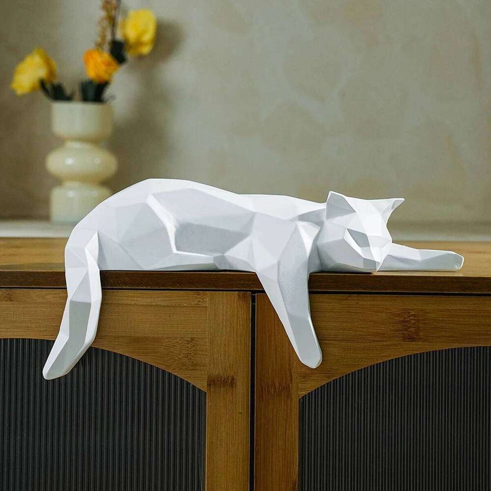 White Black Statue - Geometric Modern Room Figurine Sculpture for Home Office as Table Shelf Desk Decor Lying Cat S260204