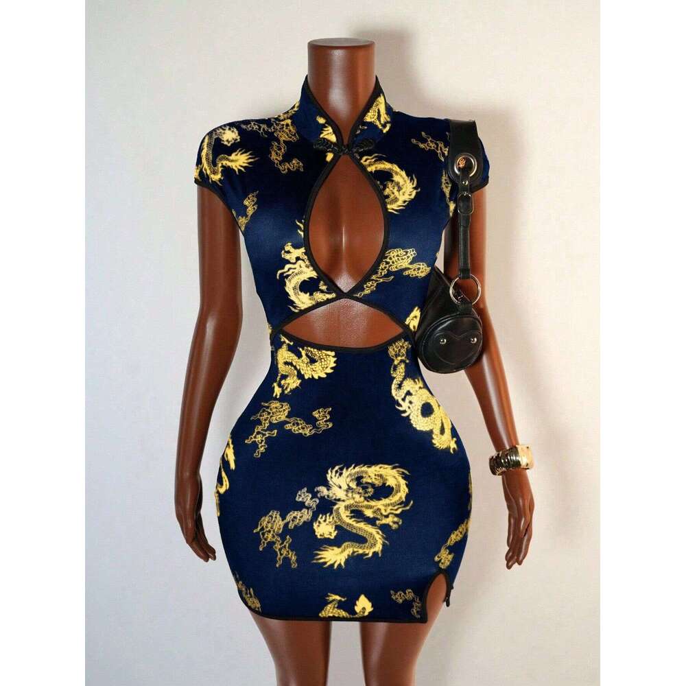 Trendy Street Chinese Style Dragon Print Dresses Women Sexy Hollow Out Package Hip Cheongsam Dress Streetwear Lady Slim Vestidos Short-Sleeve Qipao Dr