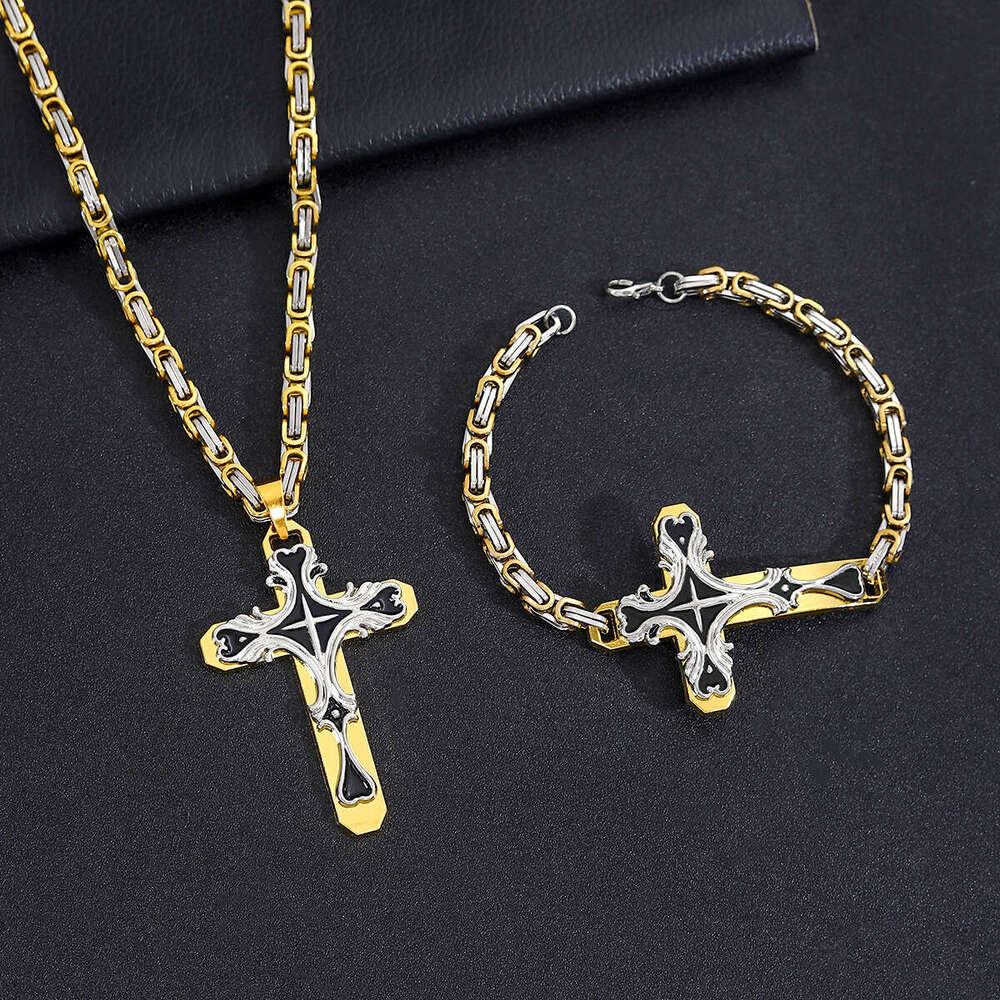Hot-Selling Retro Cross Pendant Necklace Bracelet Set Women's Fashion Men's Jewelry