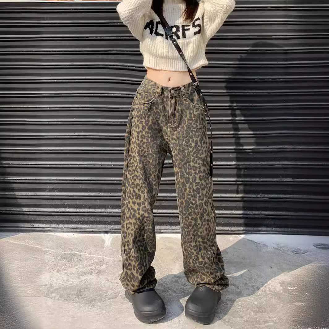 WomenS Leopard Print Sweatpants Trousers Straight Leg Hiphop Street Dance Cargo Pants Casual Fashion Trousers 240813