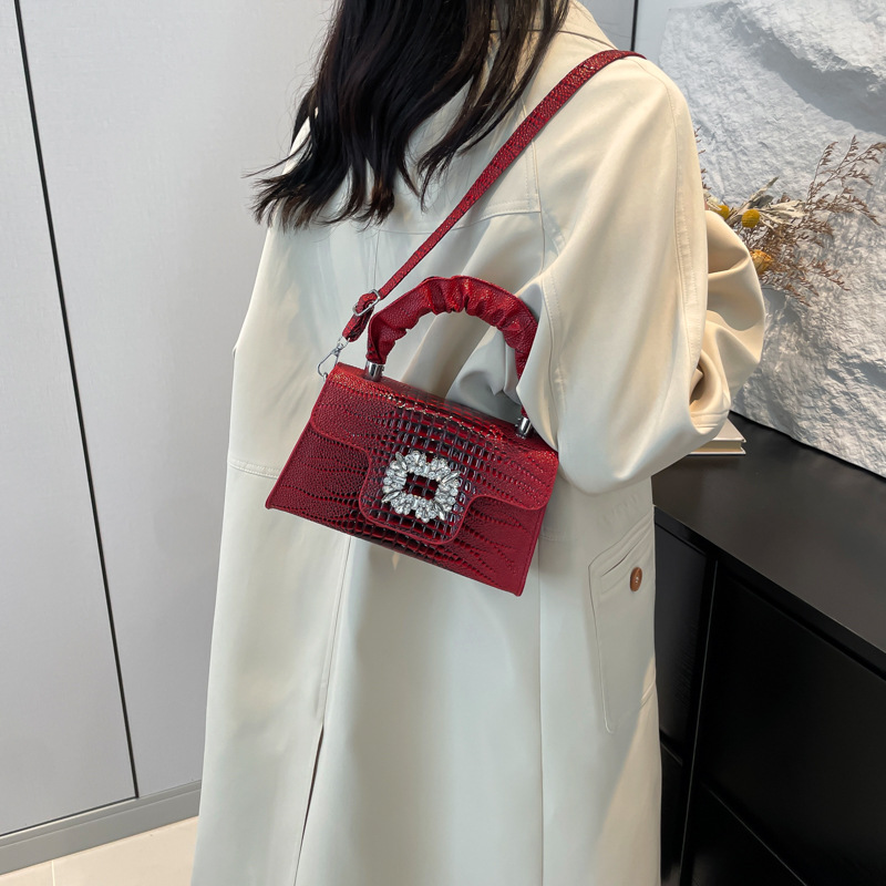 free shipping Elegant Fuchsia Crocodile Texture Handbag, Sparkly Crystal Buckle Ruched Top Handle Convertible Shoulder Bag 2026 hots