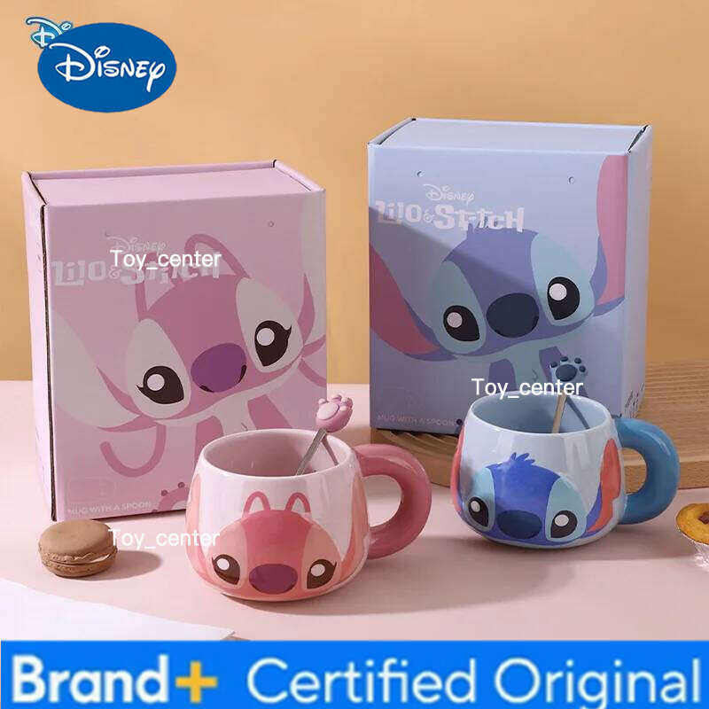 Disney Cartoon Stitch Ceramic Box with Spoon Office Coffee Household Drinking Mug Colleagues Friends Companion Gift H2602051