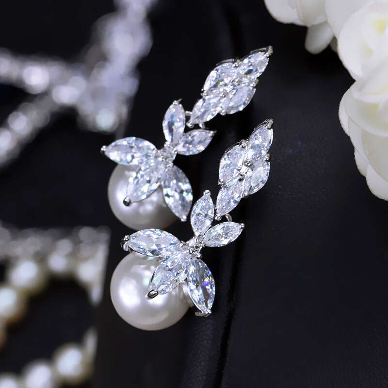 Minimalist Bride Zircon Imitation Pearl Necklace Earring Set Bracelet Ring Wedding Evening Party Dress Accessories