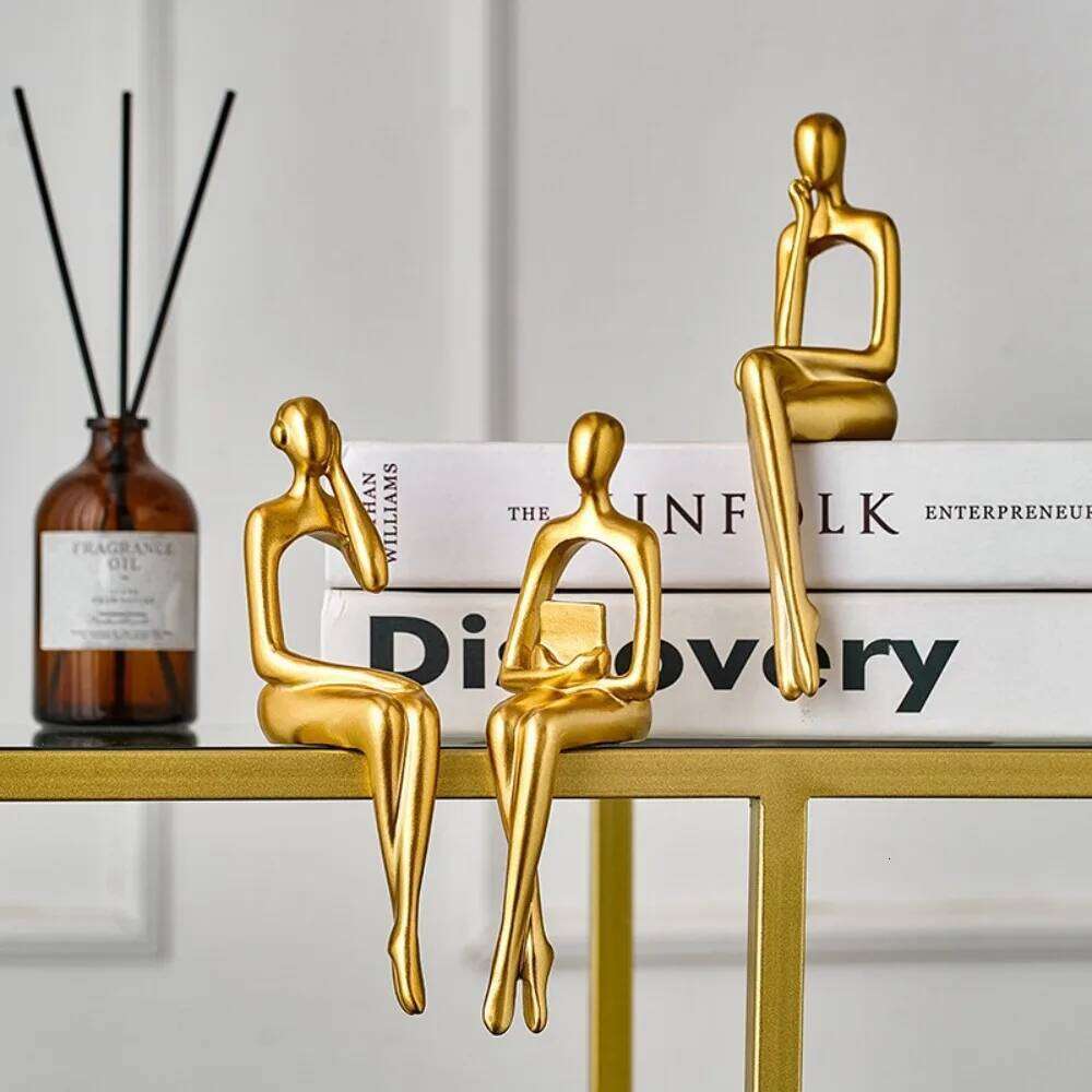 Resin Human Body Art Abstract Design Thinking Reading Man Figure Statue Golden Finish Desktop Ornament Office Supplies S260204