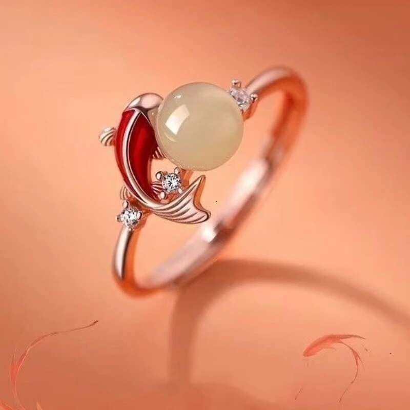 Designer Gold Plated Open Ring Chinese Traditional Style Imitation Jade Carp Goldfish Adjustable Band For Festival Wedding Daily Wear Gift