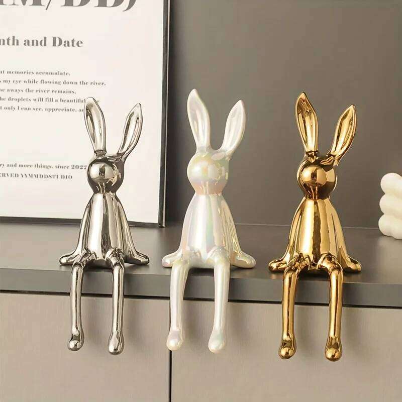 1PCS Ceramic Long-Eared Sitting Rabbit Room Ornaments Statue Luxury Decoration Accessories High-End Home Art Aesthetics S260204