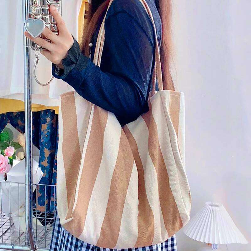 Large Capacity Canvas Top Handle Women's Summer Stripe Simple Ladies Casual Handbag Outdoor Shoulder Bag Y260204