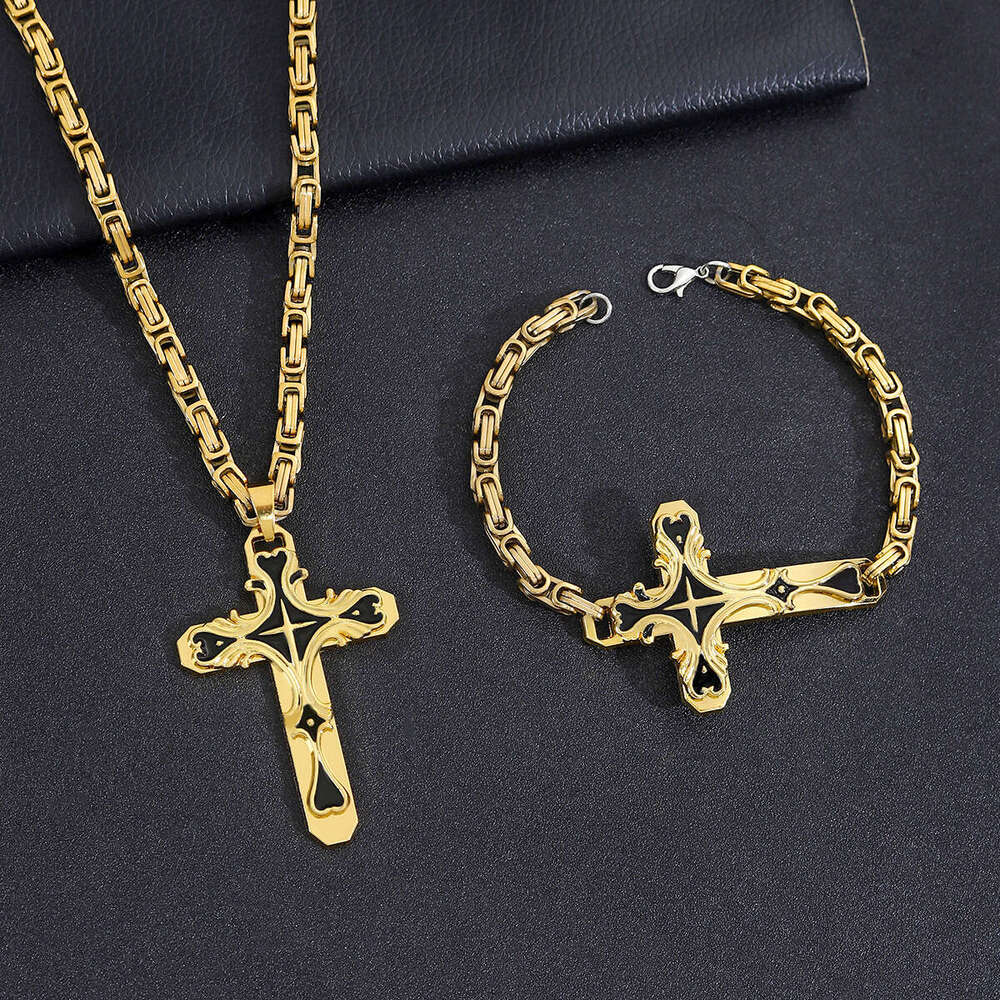 Hot-Selling Retro Cross Pendant Necklace Bracelet Set Women's Fashion Men's Jewelry