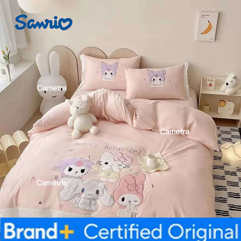 Sanrio 100%Cotton Embroidery Bedding Set Kuromi Mymelody Duvet Cover Bed Sheet Pillowcase Girl King Queen Twin Size Home Textile H260205