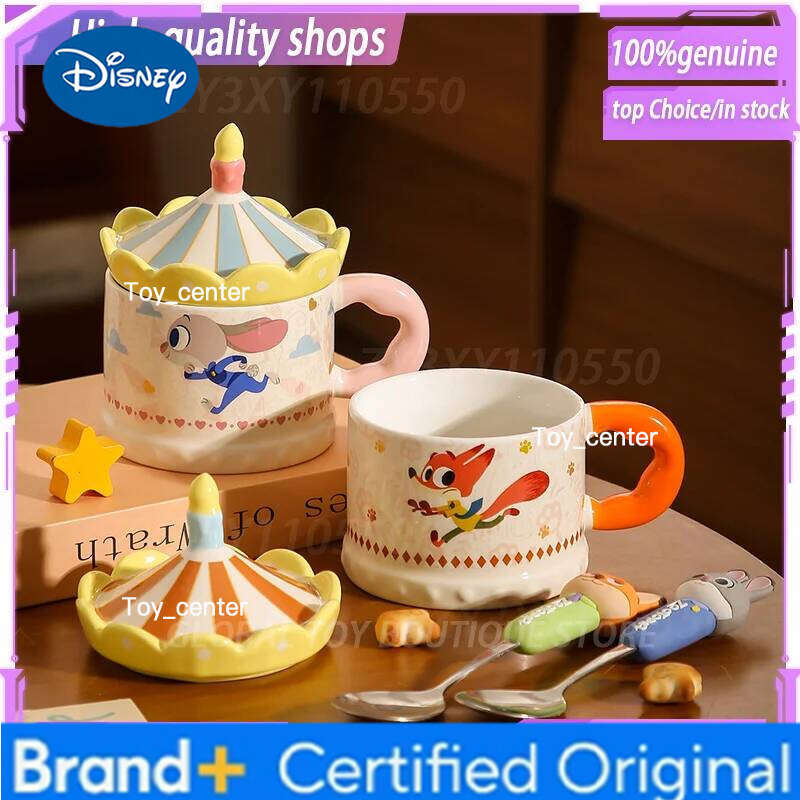Disney Zootopia Judy Nick Couple Ceramic Mug With Carousel Lid And Spoon Cartoon Coffee Tea Cup Birthday Gift For Girls Couples H260205