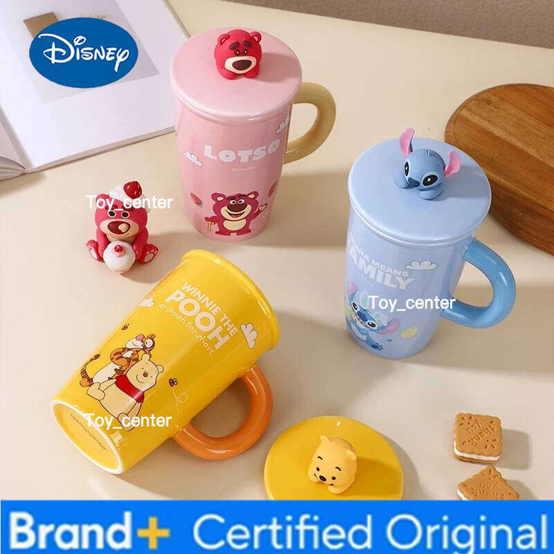 Disney Stitch Ceramic Mug with Lid Cartoon Winnie Large Capacity Water Mugs Cute Creative Design Lotso Character 500ml Cup Drinkware H260205