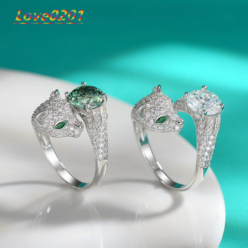 Hip Hop Trendy Leopard Head Full Diamond Moissanite VVS Brilliant Cut S925 Silver Adjustable Rings for Women with Gra