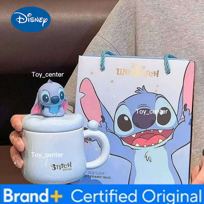 Disney Official Stitch Ceramic Mug With 3d Figurine Lid Couple Set Practical Birthday Gift Water Cup For Men Women In Stock H2602051