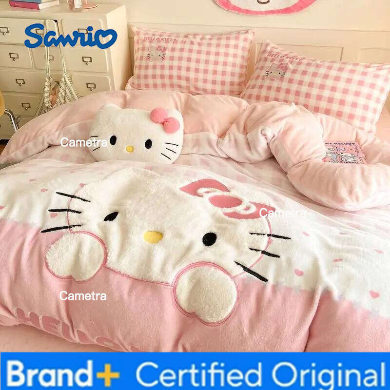 Sanrio Hello Kitty My melody Cinnamoroll Kuromi Four-piece Creative High-value Anime Cartoon Printed Home Coral Fleece Bedding H260205