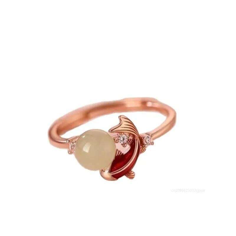 Designer Gold Plated Open Ring Chinese Traditional Style Imitation Jade Carp Goldfish Adjustable Band For Festival Wedding Daily Wear Gift