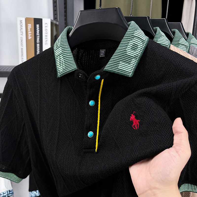 Free shipping Men Polos Slim Fit Knitted shirt embroidered pattern color blocked short sleeved fashion