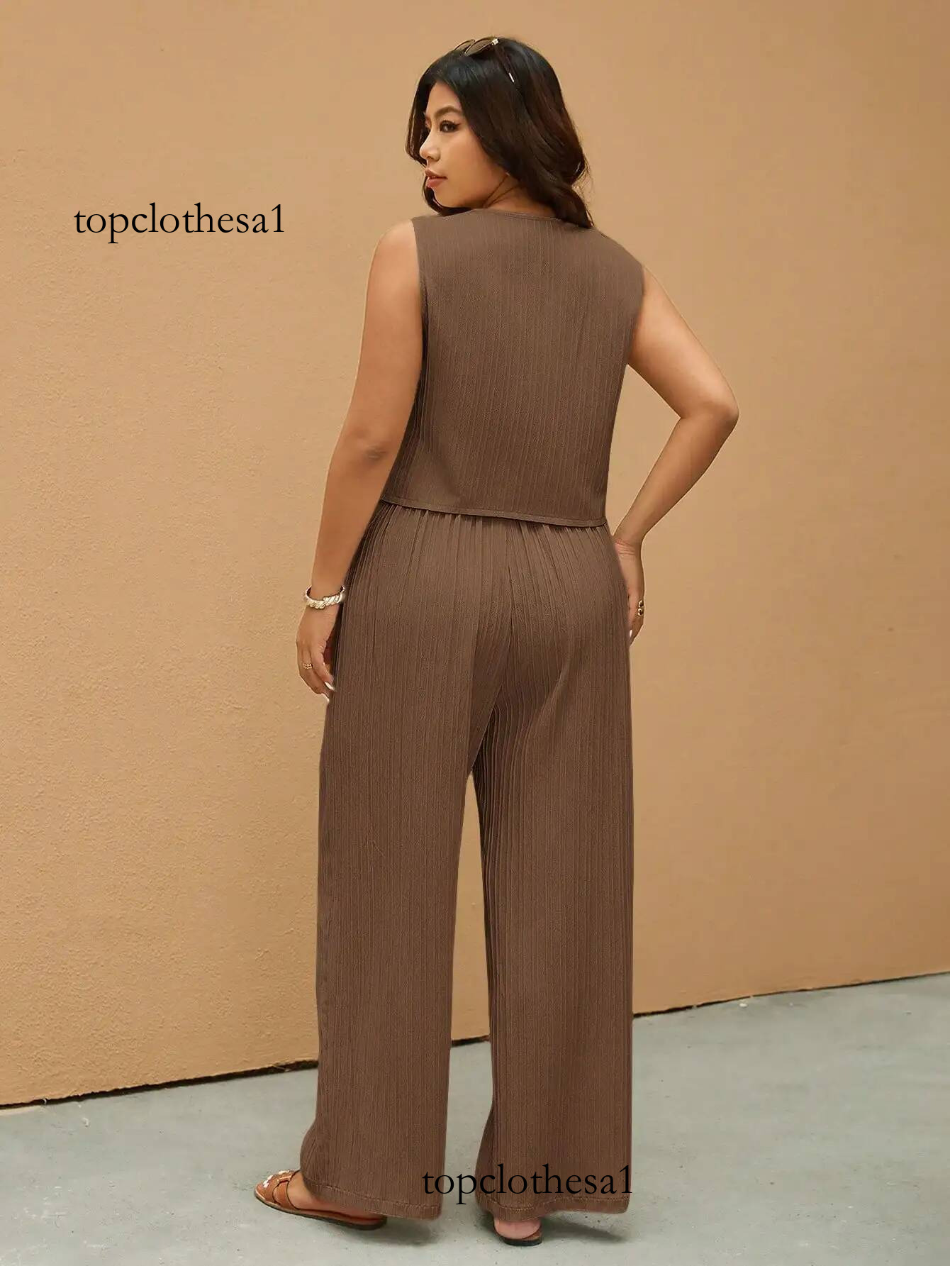 Plus Size Sleeveless Button-Up Vest & Wide Leg Pants 2-Piece Set for Women, Casual Summer Outfit