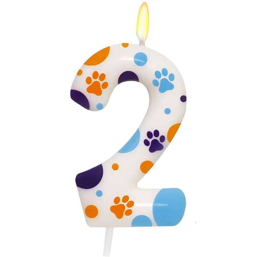 Blue Dog Themed Candles, Number 2 Print Birthday Party Supplies, 2.76 inch Paw Cake Topper Decorations, Birthda S260204
