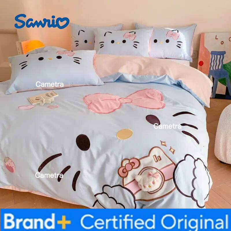 Sanrio Genuine Kitty 4pcs 100%cotton Patch Embroidered Ins Cartoon Quilt Cover Bed Sheet Pillowcase 3pcs Set H260205