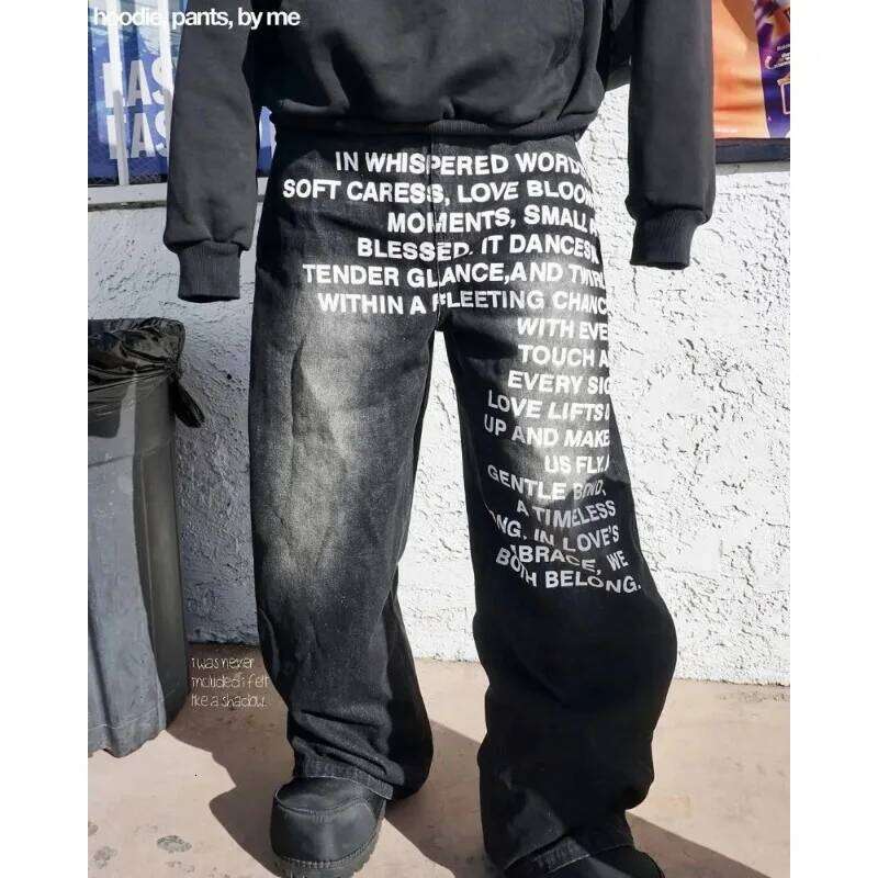 Deeptown Vintage Letter Print Women Man Jeans Y2k Harajuku Washed Wide Leg American Style Denim Pants Baggy Hip Hop Streetwear - view 7