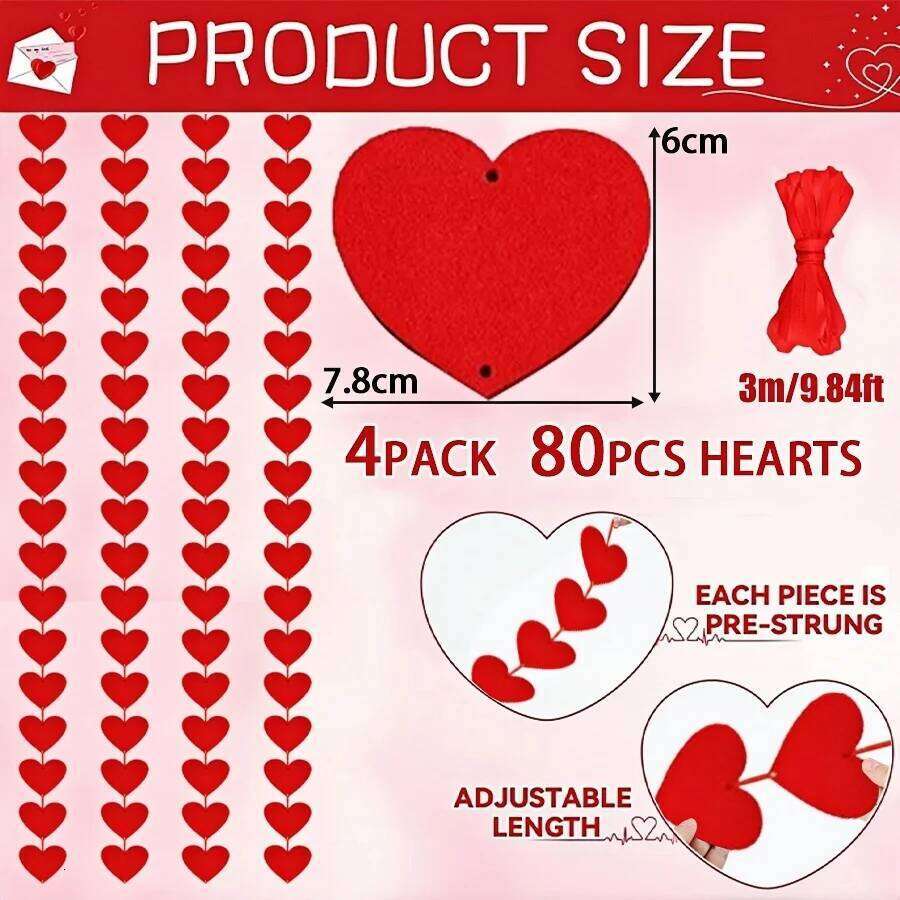 1-8Pack 3M Red Hearts DIY Valentines Hanging String Garland Day Wedding Anniversary Proposal Party Decorations S260204