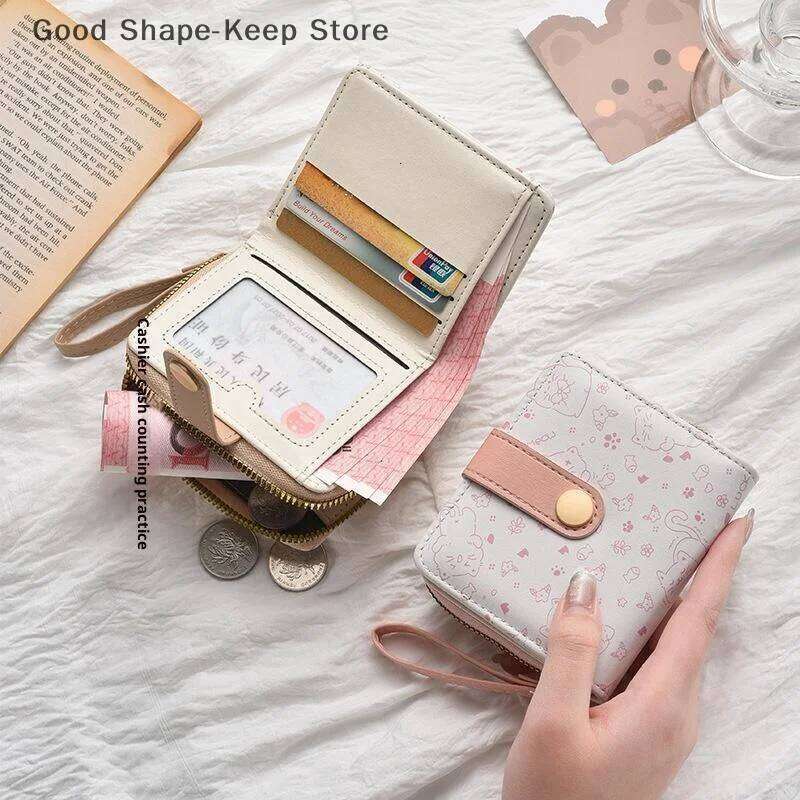 Fashion Short Folding Zipper Wallet ID Card Holder Cute Cat PU Leather Purse Women Travel Lightweight Cash Coin Bags Z260205