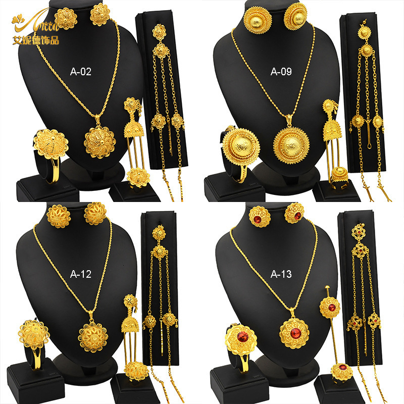 Gold Plated Jewelry Sets For Women Ethiopian Fashion Necklace Earrings Bracelet Ring Jewellery Set Wedding Party Gifs 241105