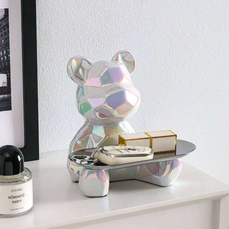 Geometric bear with tray storage, ceramic plating piggy bank, key, cosmetic storage box, bookshelf statue decoration. S260204